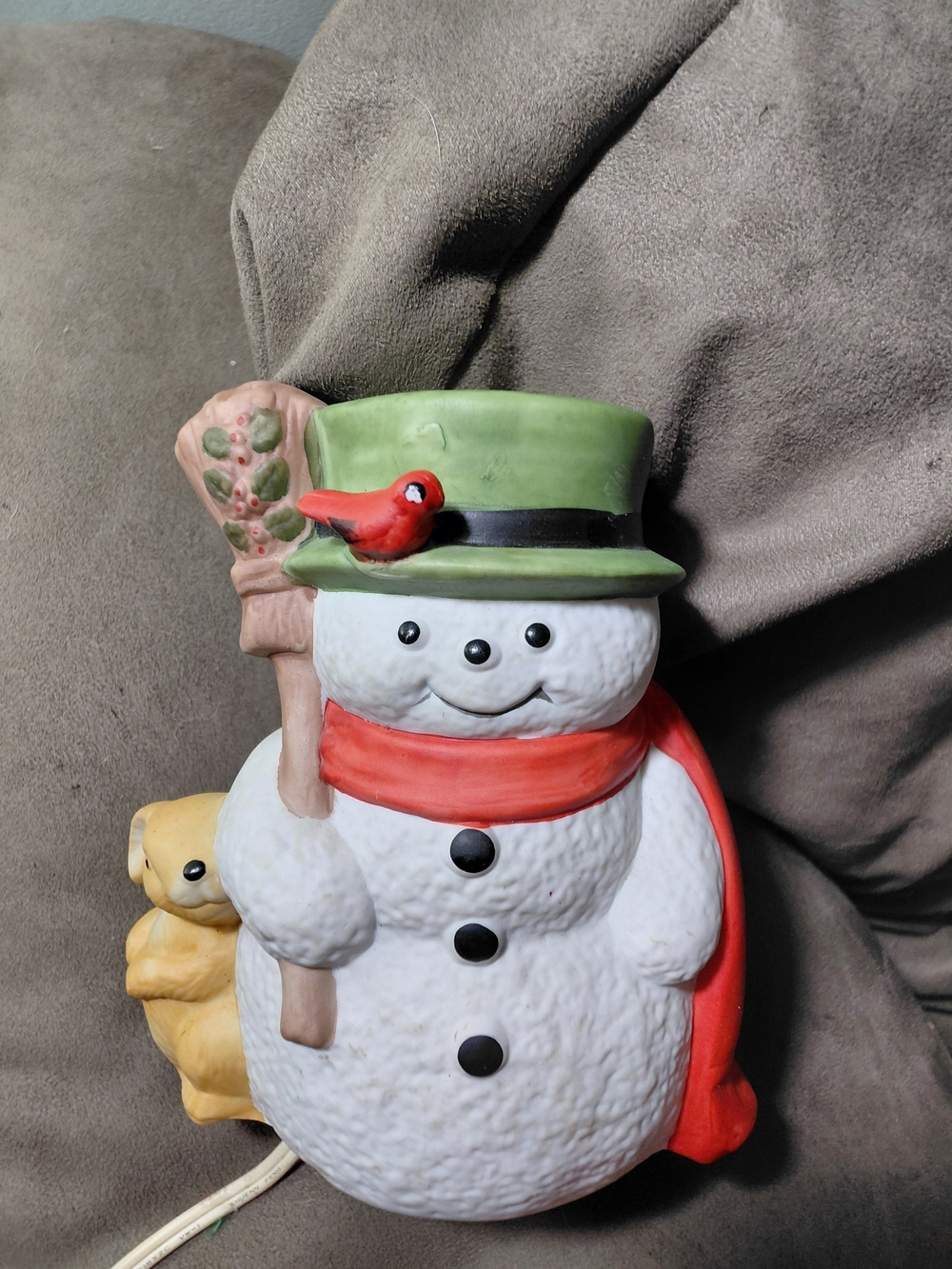 Classic Ceramic Light-Up Snowman Figurine with Bunny Friend